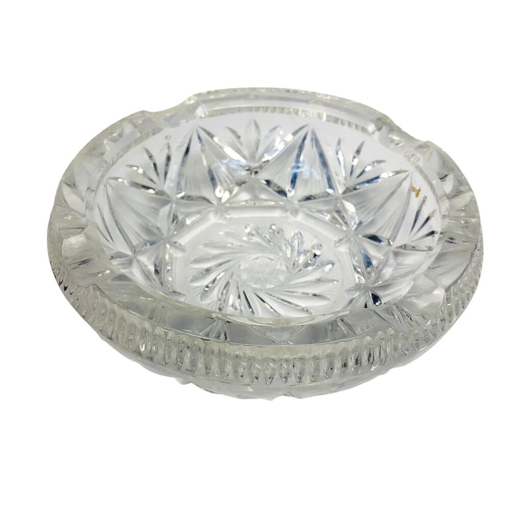 Vintage Heavy Bohemian Cut Lead Crystal Ashtray Round Star Pinwheel 5"